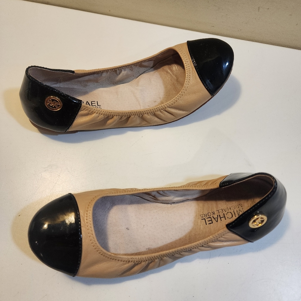 Michael Kors Beige and Black Cap-Toe Ballet Flats